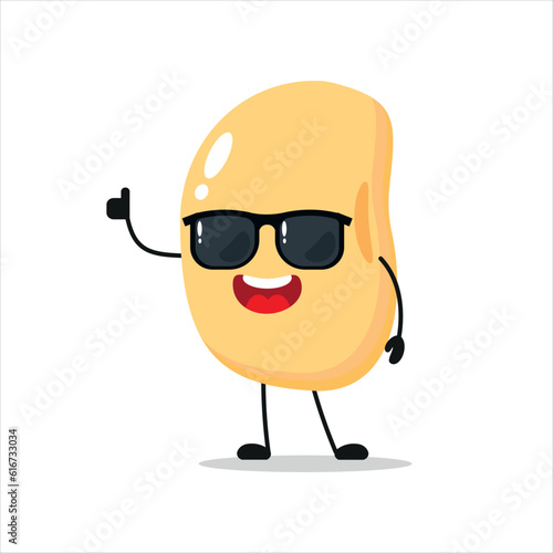 Cute happy soybean character wear sunglasses. Funny soybean greet friend cartoon emoticon in flat style. vegetable emoji vector illustration