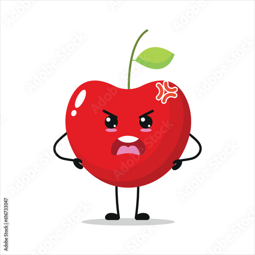 Cute angry cherry character. Funny mad cherry cartoon emoticon in flat style. Fruit emoji vector illustration