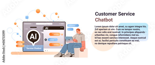 man having dialog with chat bot asking questions and receiving answers ai chatbot assistance customer service concept