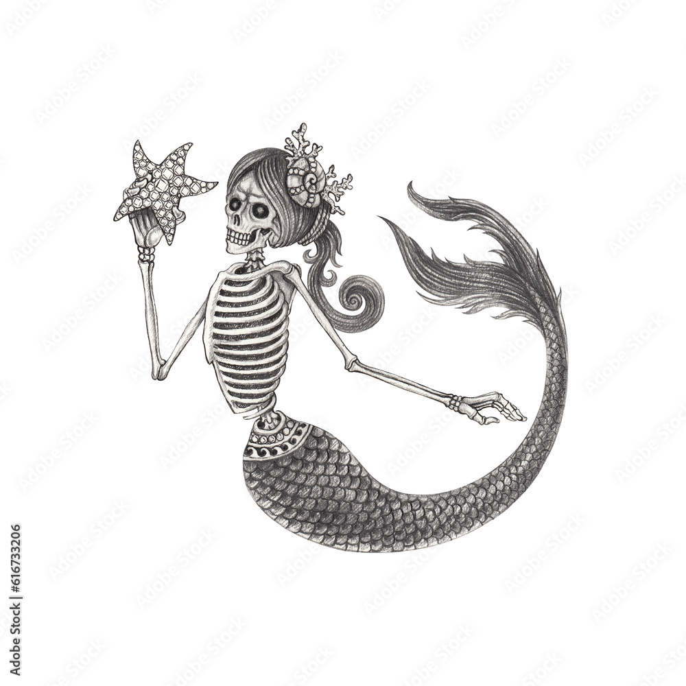 Fototapeta premium Mermaid skull hand drawing on paper.