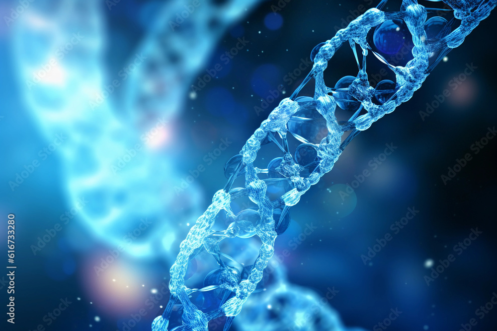 Abstract DNA generated with AI. 3d microscopic render. 3d image, perfect to use as a computer background, powerpoint présentation, linkedin post, website, portfolio