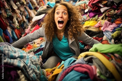 A young woman, her expressive emotions of anticipation and excitement clearly visible, is seen browsing through heaps of discounted items in a clothing store during Black Friday. Generative AI