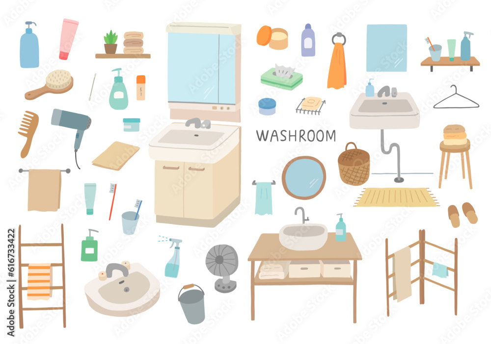 Fototapeta premium 洗面所・水回りにまつわる手描きイラストセット(カラー/輪郭線なし)