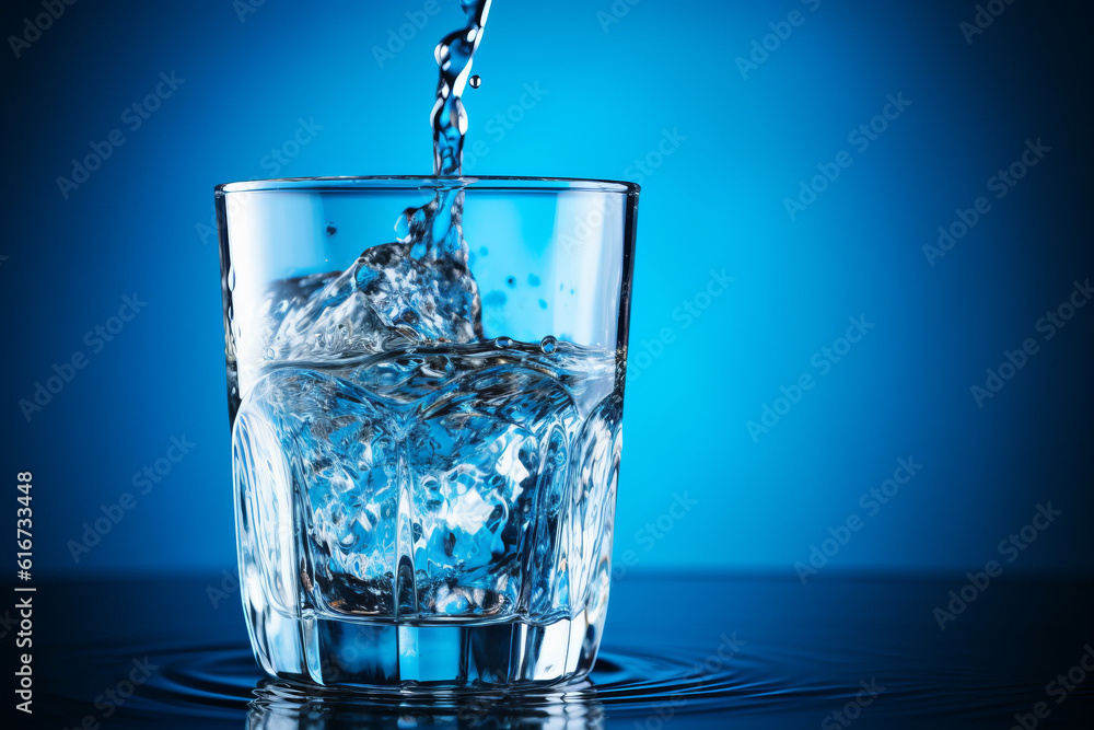 Cold water poured into glass, glowing in beautiful lighting, Generative AI Cold water poured into glass, glowing in beautiful lighting, Generative AI