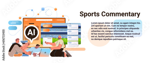men commenting sportive events with ai helper bot sports commentary informational broadcast concept