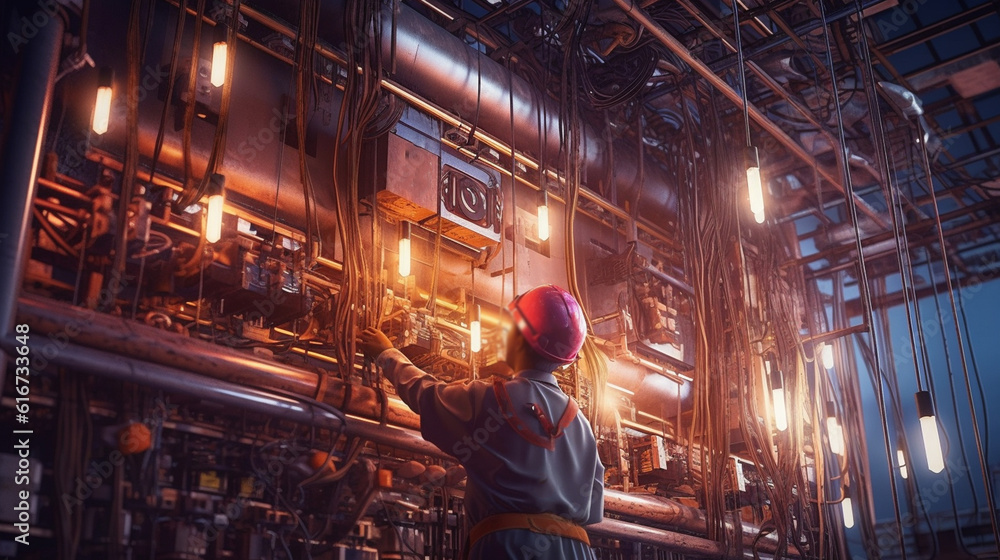 Industry with electrical engineer working at heights. Generative Ai Industry with electrical engineer working at heights. Generative Ai