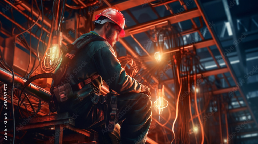 Industry with electrical engineer working at heights. Generative Ai Industry with electrical engineer working at heights. Generative Ai