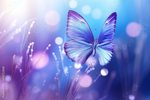 Blue butterfly on grass with blurred purple background Artistic wallpaper design, Generative AI © ParinApril