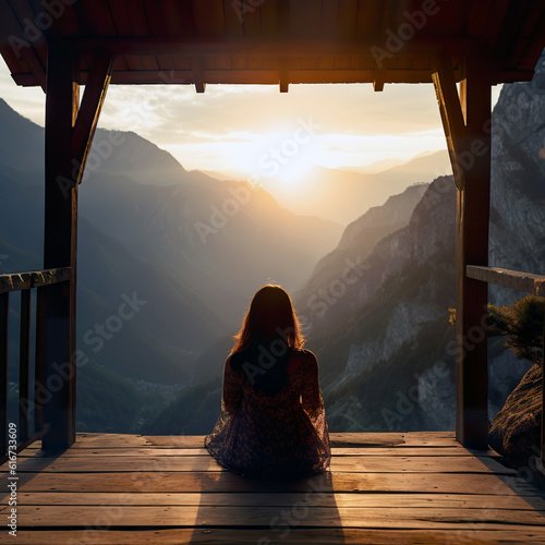 The back of a woman sitting on wooden porch extending into a high mountain cliff