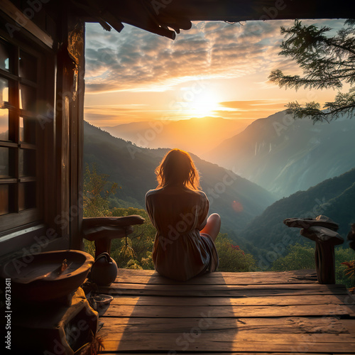 The back of a woman sitting on wooden porch extending into a high mountain cliff