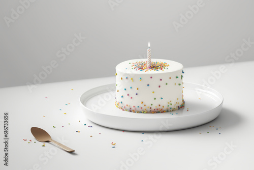White birthday cake with sprinkles and golden decorations, minimalistic scandinavian style, generative AI