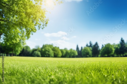 Spring nature with trimmed lawn, trees, blue sky, and clouds, Generative AI
