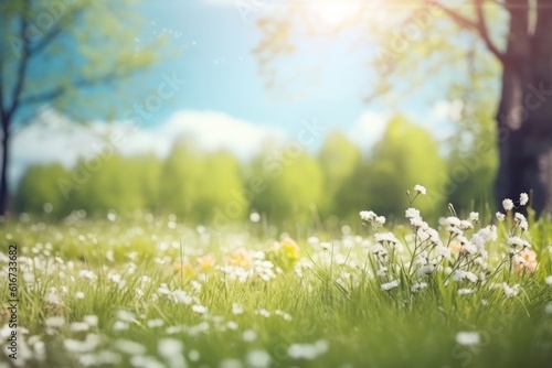 Spring nature with blooming glade, trees, and blue sky, Generative AI