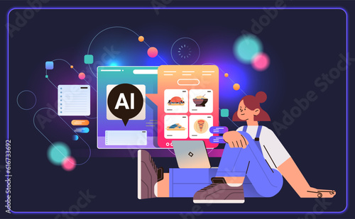 woman culinary influencer making diet food content in computer app with ai helper bot recipe app culinary concept