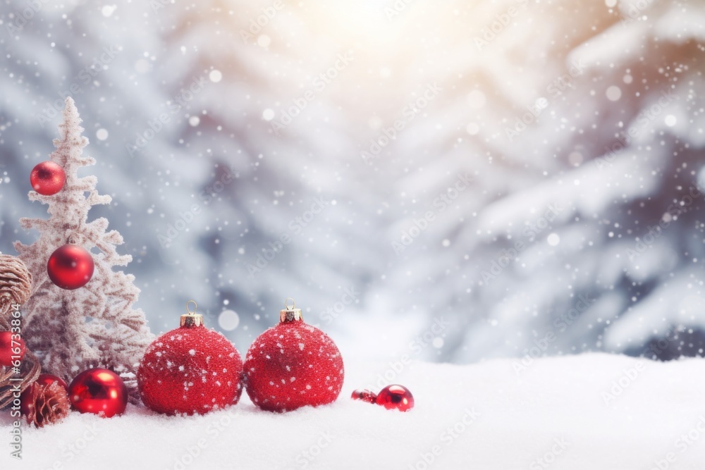 Festive snowy Christmas background with decorated tree in forest, Generative AI Festive snowy Christmas background with decorated tree in forest, Generative AI