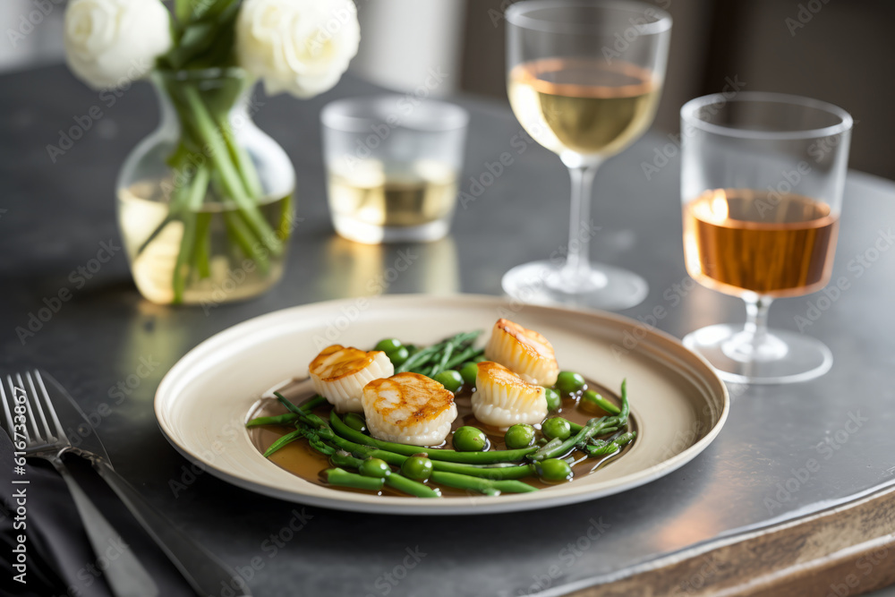 Seared scallops with green beans on a plate served with white wine, generative AI Seared scallops with green beans on a plate served with white wine, generative AI