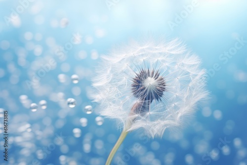 Golden dew drops on dandelion seed with blue background  Generative AI