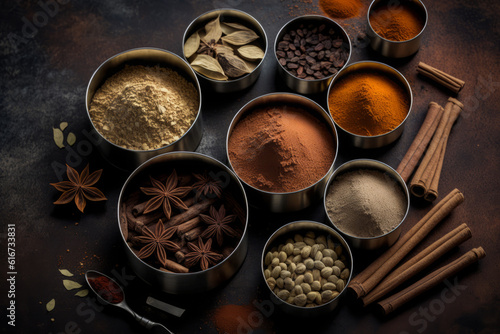 Variety of indian chai spices in metal tins overhead view, generative AI
