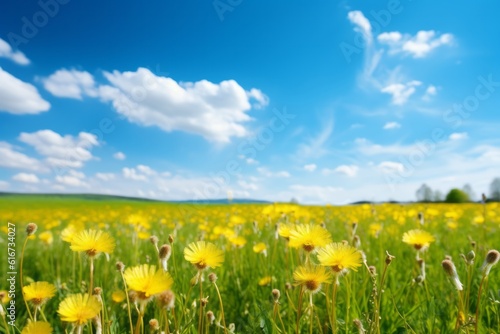 Fresh meadow with yellow dandelions and blue sky, Generative AI