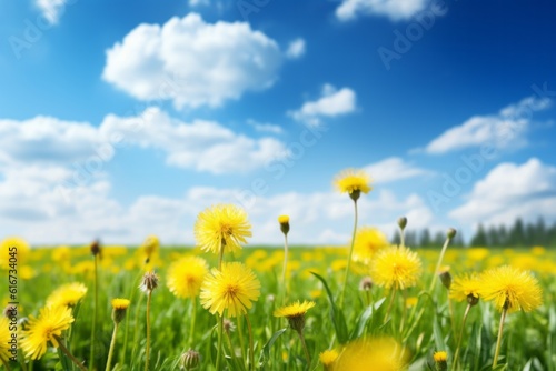 Fresh meadow with yellow dandelions and blue sky Perfect summer landscape, Generative AI
