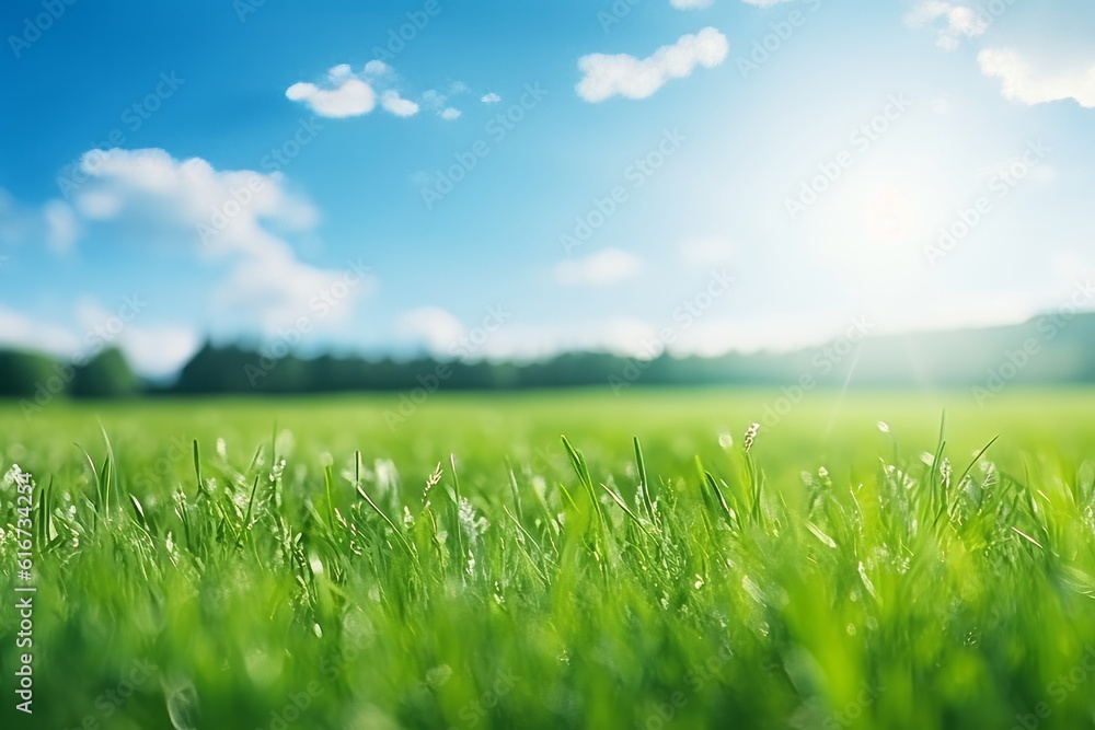 Green field with blue sky and sun, blurred spring/summer background, Generative AI
