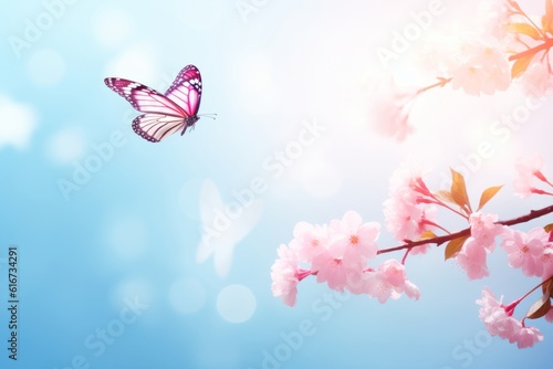Pink butterfly and cherry blossom on blue sky background Elegant spring image, Generative AI
