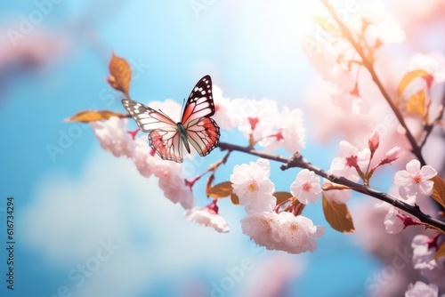 Pink butterfly and cherry blossom on blue sky background Elegant spring image, Generative AI © ParinApril