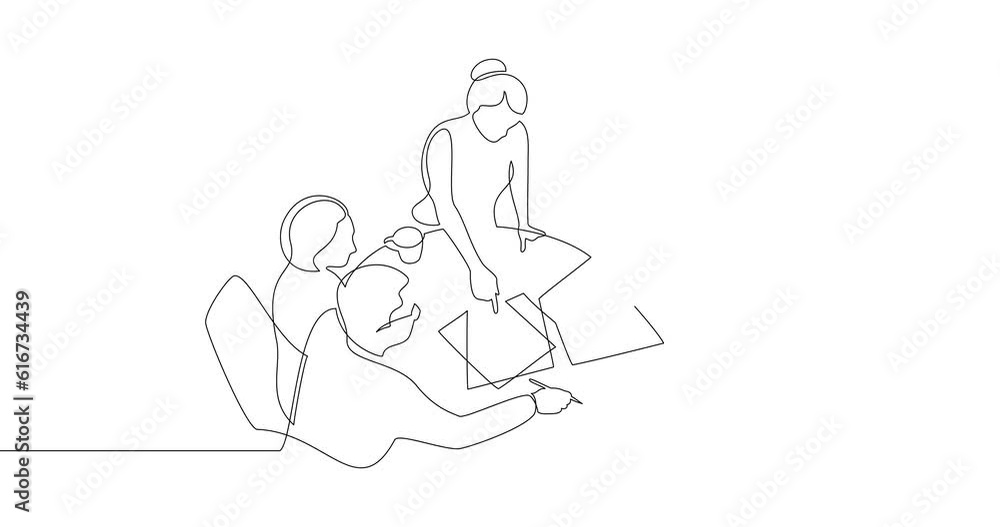 Animation of an image drawn with a continuous line. Business brief, presentation or training. People at the table are discussing together. Animation of an image drawn with a continuous line. Business brief, presentation or training. People at the table are discussing together.