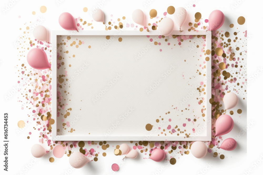 White frame on white background with pink balloons and confetti, generative AI White frame on white background with pink balloons and confetti, generative AI