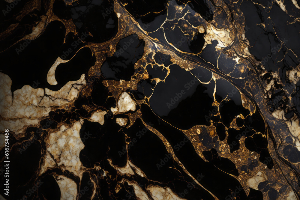 Black marble background with thin golden veins, generative AI