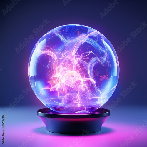 glowing crystal plasma ball isolated on plain purple studio background made with generative ai