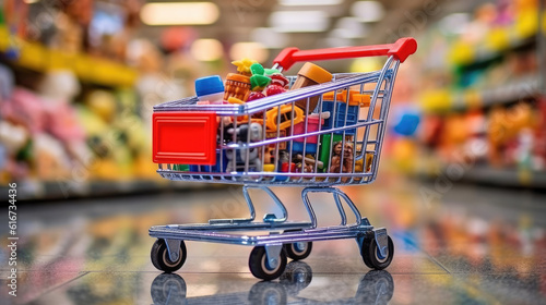 Shopping cart with products in mall