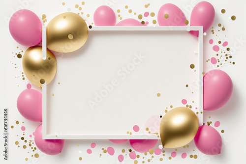 White frame on white background with pink balloons and confetti, generative AI