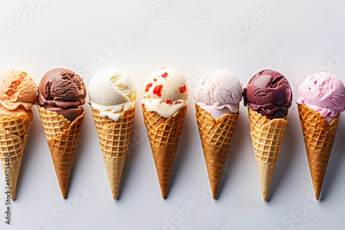 Variety of ice cream flavors in waffle cones overhead on white   generative AI