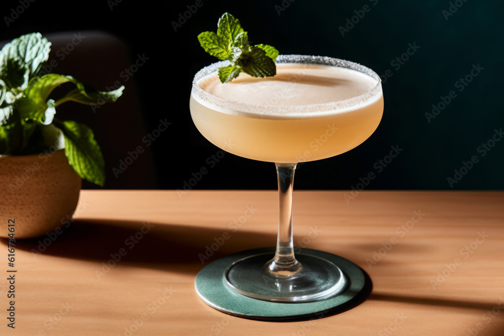 Paloma cocktail in a coupe glass with mint leaf, generative AI - obrazy, fototapety, plakaty 
