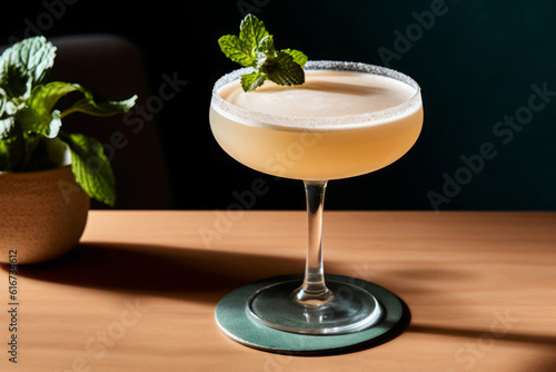 Paloma cocktail in a coupe glass with mint leaf, generative AI