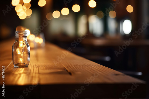 Wooden table with copy space with out of focus background with lights  generative AI