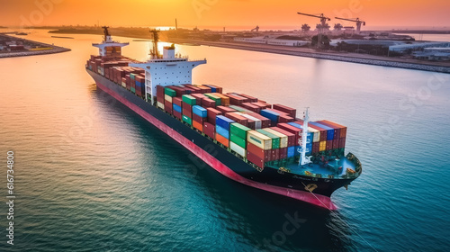 Industrial port with Logistics and transportation of International Container Cargo ship , commercial dock, harbor, cargo container , shipping , Created with Generative Ai Technology