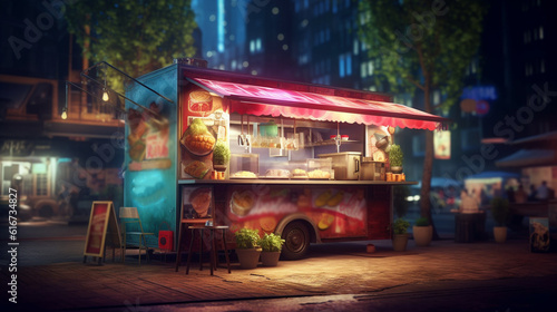 Street food trailer in the city. Generative Ai