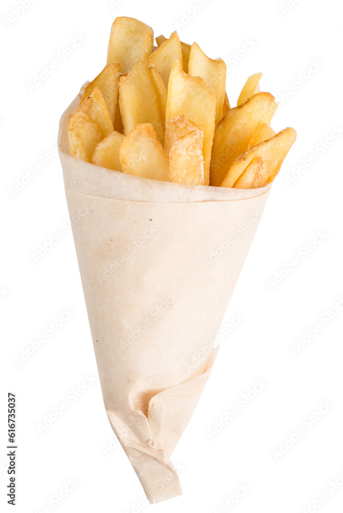 French fries in a paper bag. French fries in the form of chips French fries in a paper bag. French fries in the form of chips