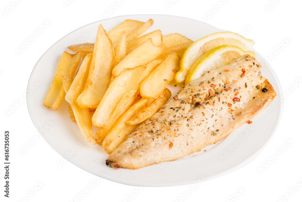 Portion of crispy breaded fish fillet with french fries served on plate Portion of crispy breaded fish fillet with french fries served on plate