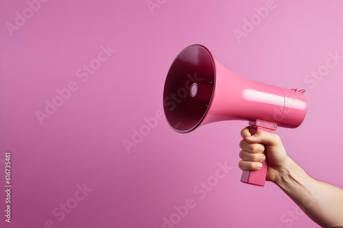 hand holding megaphone isolated on plain pink studio background made with generative ai