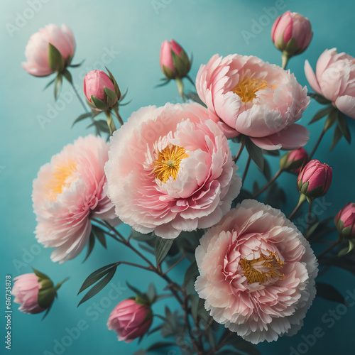 Delicate Pink Peonies on a Light Blue Turquoise Background with Soft Blurry Filter for a Beautiful Floral Display