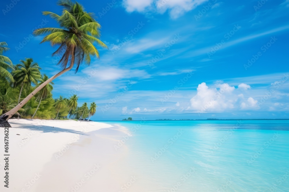 Idyllic Maldives beach white sand, turquoise ocean, palm tree, Generative AI