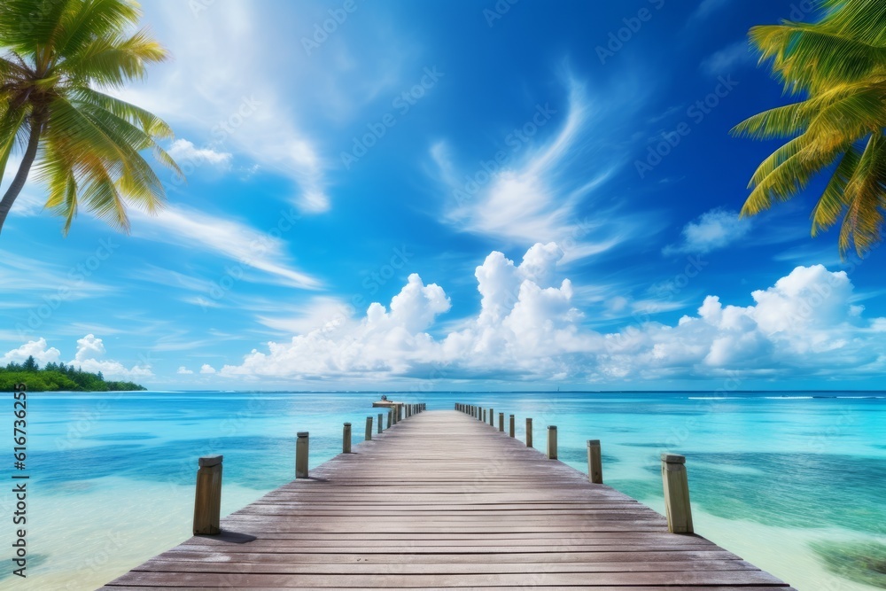 Fototapeta premium Tropical landscape, wooden pier to island, perfect for summer vacation, Generative AI