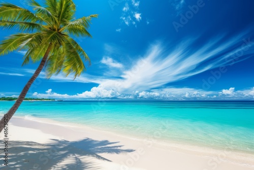 Idyllic Maldives beach white sand, turquoise ocean, palm tree, Generative AI © ParinApril