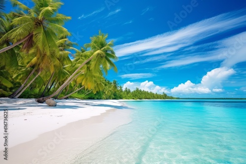 Maldives island white sand, palm trees, turquoise ocean, blue sky, Generative AI