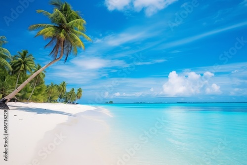 Idyllic Maldives beach white sand  turquoise ocean  palm tree  Generative AI