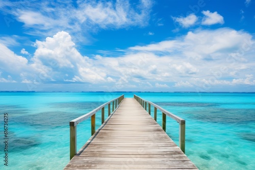 Tropical landscape, wooden pier to island, perfect for summer vacation, Generative AI © ParinApril