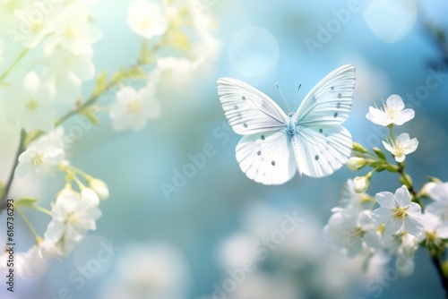 White butterfly on flower buds with dreamy bokeh background, Generative AI